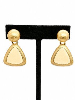 VINTAGE ANNE KLEIN Earrings Triangle Enamel Gold Tone Dangle Cream
